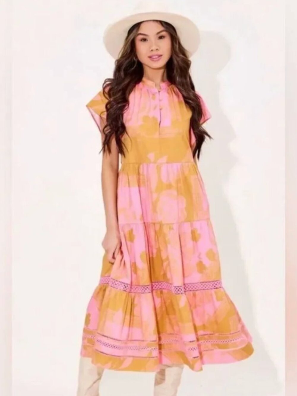NWT Alden Adair Pippa Cap Sleeve Midi Dress in Secret Garden Pink & Gold Size XS